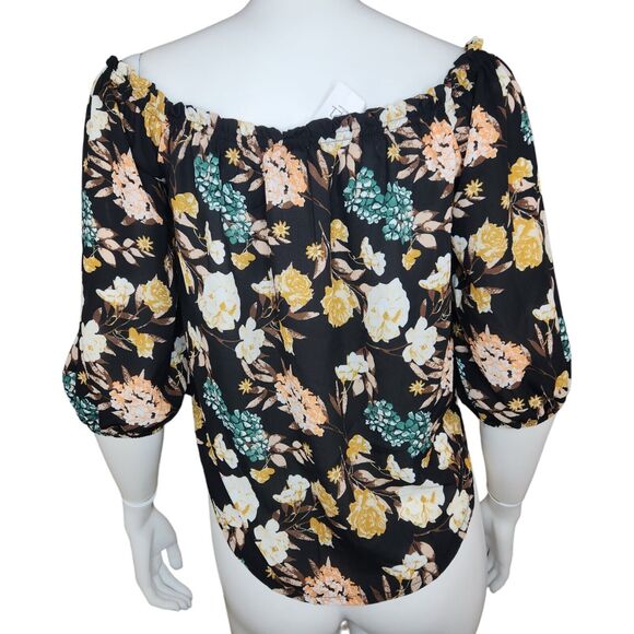 Rue 21 Women's Small Blouse Off-The Shoulder Keyhole Neckline 3/4 Sleeves Floral - Picture 9 of 13